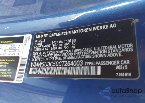 2012 Mini Cooper из США, поврежденный, VIN WMWSU3C50CT264003